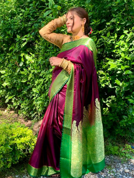 Naveena Kapoor In Banarsi Silk Designer Sari. Available In 4 Colours.