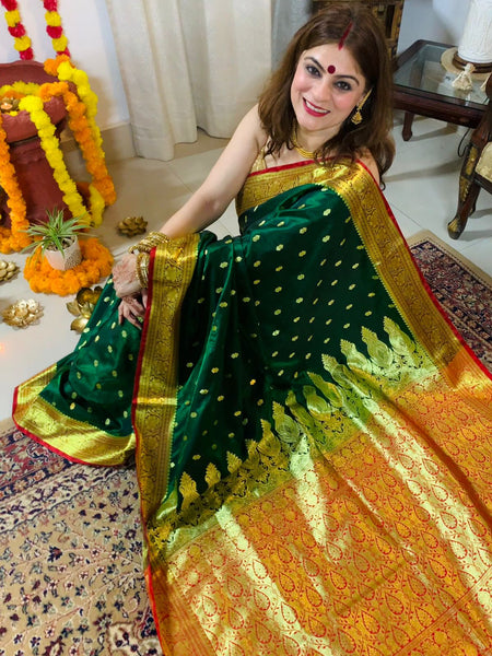 Naveena Kapoor In Banarsi Silk Saree. Available In 3 Colours.