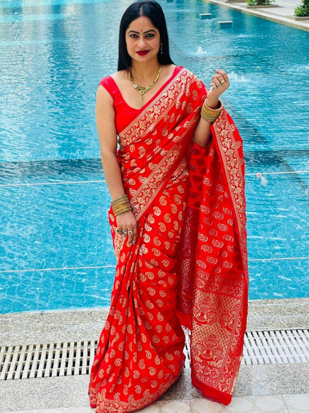 Reena Dwivedi In Handmade Red Banarsi Silk Designer Saree. Available In 4 Designs.