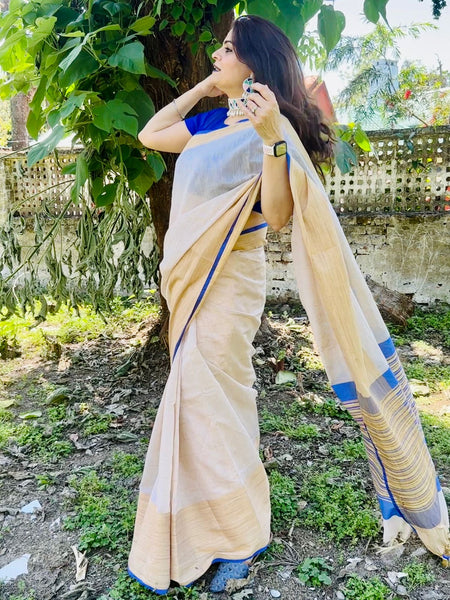 Naveena Kapoor In Blended Linen Saree. Available In 5 Different Palla And Border Colours.