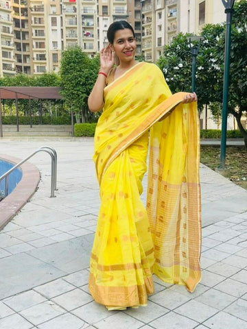 Shikha Choudhary In Yellow Chanderi Cotton Silk Saree With Copper Zari Work. Available In 6 Colours.