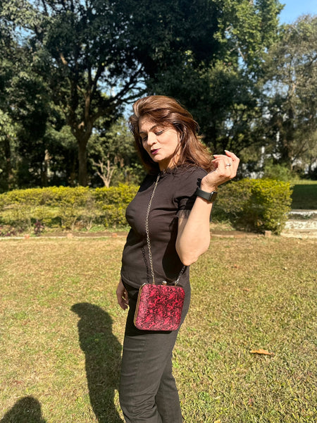 Velvet Square Clutch With Both Side Same Design And Sling Chain Included