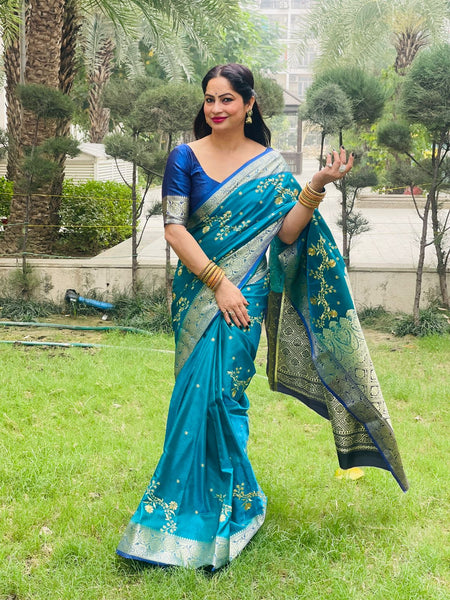 Reena Dwivedi In Handmade Designer Banarsi Silk Saree. Available In 5 Colours.