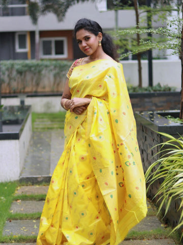 Roopa Mohan In Yellow Meenakari Zari Banarsi Silk Saree. Available In 7 Colours