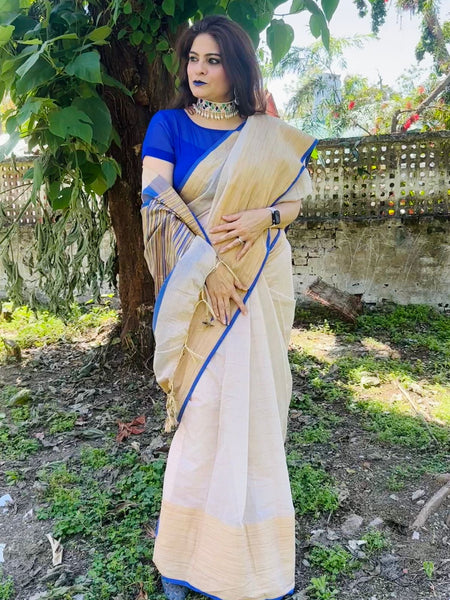 Naveena Kapoor In Blended Linen Saree. Available In 5 Different Palla And Border Colours.