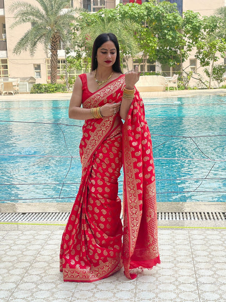 Reena Dwivedi In Handmade Red Banarsi Silk Designer Saree. Available In 4 Designs.