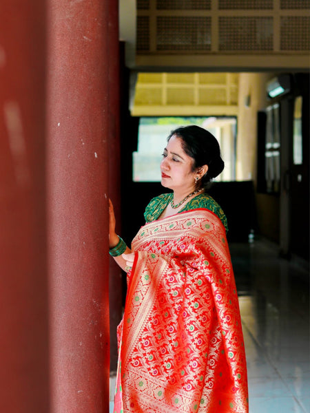 Ramya Pathak In Handmade Red Banarsi Silk Designer Saree. Available In 3 Designs.