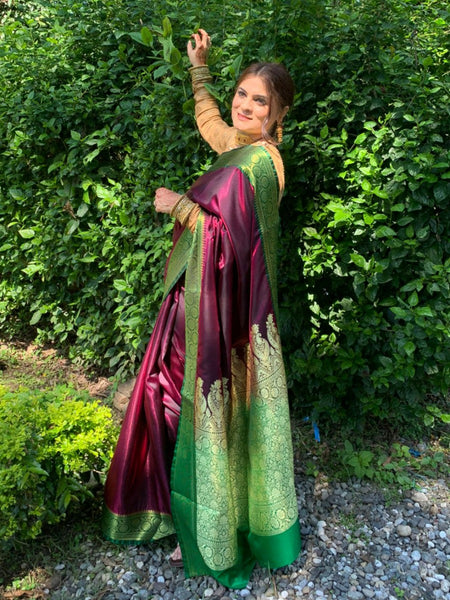 Naveena Kapoor In Banarsi Silk Designer Sari. Available In 4 Colours.