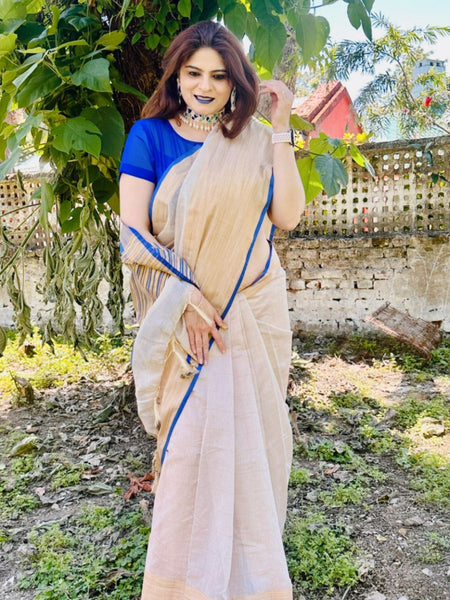 Naveena Kapoor In Blended Linen Saree. Available In 5 Different Palla And Border Colours.