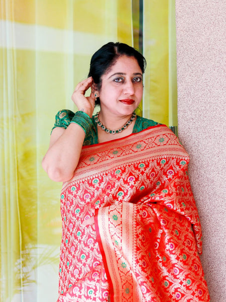 Ramya Pathak In Handmade Red Banarsi Silk Designer Saree. Available In 3 Designs.