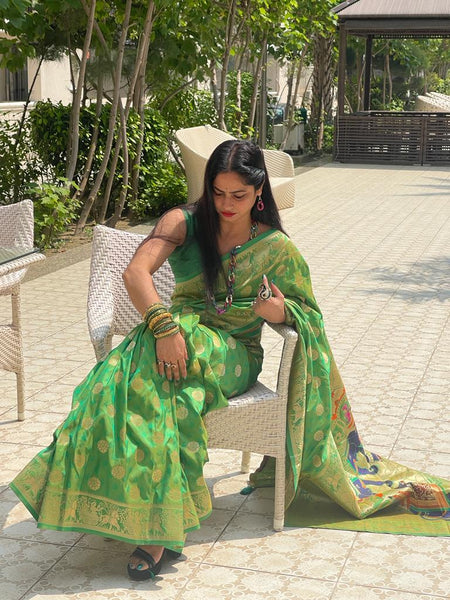 Reena Dwivedi In Handmade Banarsi Silk Designer Saree With Booti Work. Available In 4 Colours.