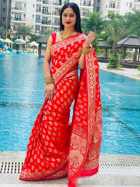 Reena Dwivedi In Handmade Red Banarsi Silk Designer Saree. Available In 4 Designs.