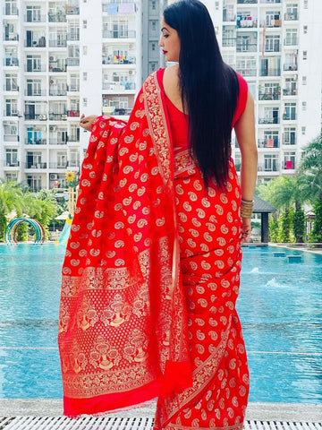 Reena Dwivedi In Handmade Red Banarsi Silk Designer Saree. Available In 4 Designs.