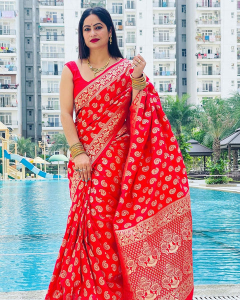 Reena Dwivedi In Handmade Red Banarsi Silk Designer Saree. Available In 4 Designs.