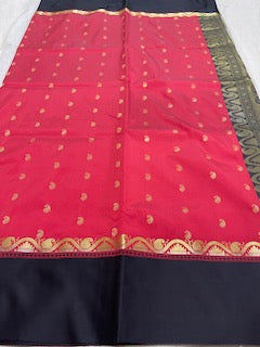 Red Traditional Garad-Korial Bengali Silk Saree with Contrast Pallu