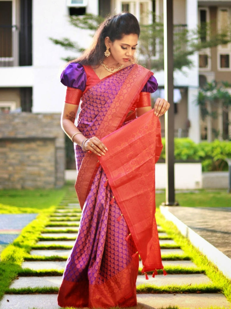 Blue Color Latest Soft Banarasi Silk Saree with Purple Color Blouse and  Copper Work - Navshtri Family