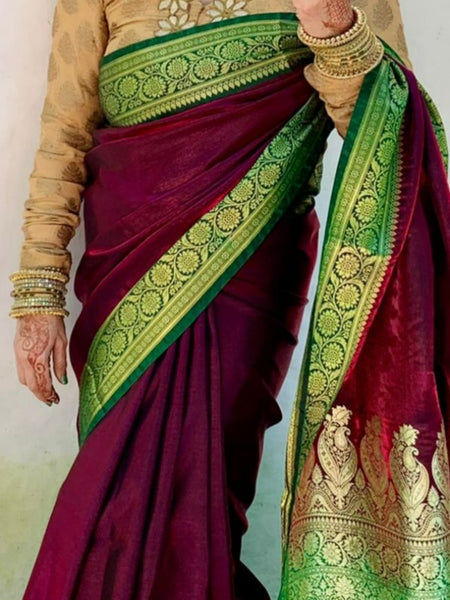 Naveena Kapoor In Banarsi Silk Designer Sari. Available In 4 Colours.