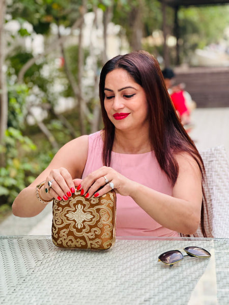 Brocade Square Clutch With Both Side Same Design And Sling Chain Included