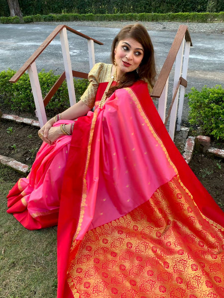 Naveena Kapoor In Traditional Garad-Korial Bengali Silk Saree With Contrast Pallu. Available In 3 Colours.