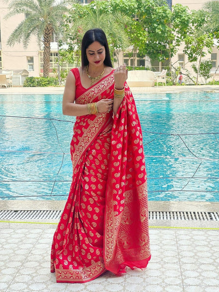 Reena Dwivedi In Handmade Red Banarsi Silk Designer Saree. Available In 4 Designs.