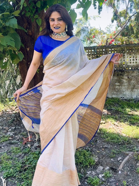 Naveena Kapoor In Blended Linen Saree. Available In 5 Different Palla And Border Colours.