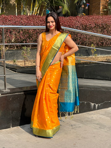 Reena Dwivedi In Banarsi Silk Saree. Available In 3 Colours.