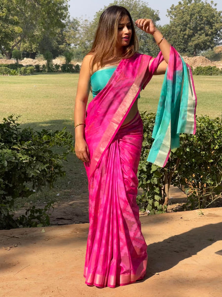 Megha Rathod In Magenta Chanderi Cotton Silk Self Design Saree With Turquoise Pallu