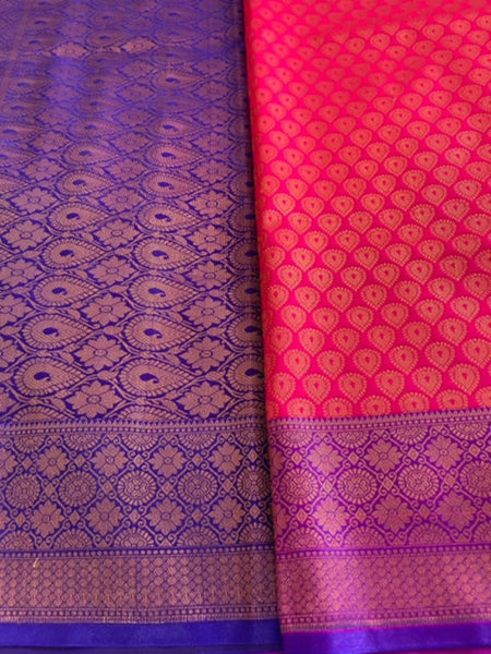 Shikha Choudhary In French Rose Kanjivaram Silk Saree With Copper Zari Work. Available in 3 colours.