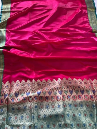 Pink Colour Paithani Saree with Contrast Turquoise Pallu