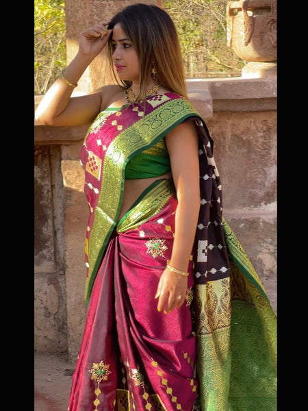 Megha Rathod In Banarsi Silk Saree. Available In 2 Colours.