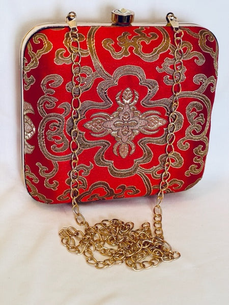 Brocade Square Clutch With Both Side Same Design And Sling Chain Included