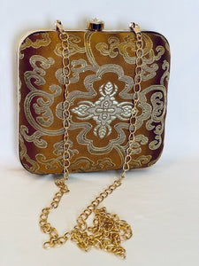 Brocade Square Clutch With Both Side Same Design And Sling Chain Included