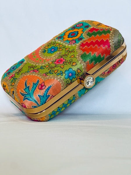 Embroidered Rectangular Clutch With Both Side Same Design And Sling Chain Included