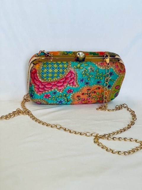 Embroidered Rectangular Clutch With Both Side Same Design And Sling Chain Included