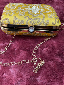 Brocade Square Clutch With Both Side Same Design And Sling Chain Included