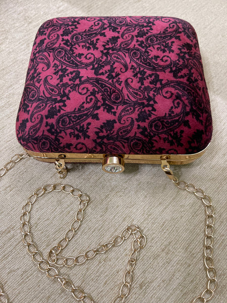 Velvet Square Clutch With Both Side Same Design And Sling Chain Included