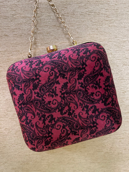 Velvet Square Clutch With Both Side Same Design And Sling Chain Included