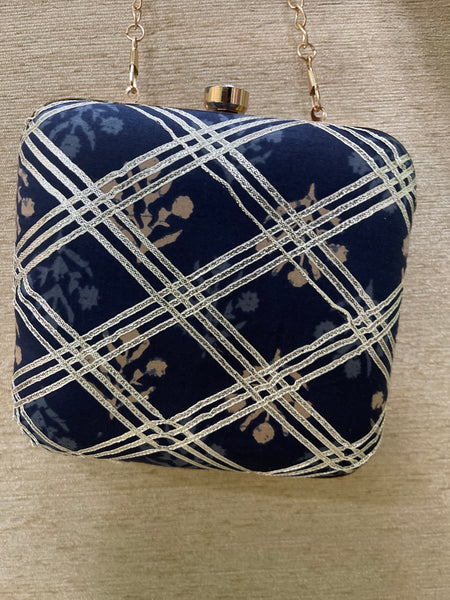 Embroidered Square Clutch With Both Side Same Design And Sling Chain Included