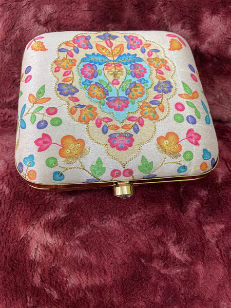 Silk Embroidery Square Clutch With Both Side Same Design And Sling Chain Included