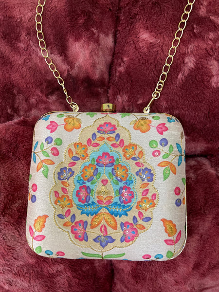 Silk Embroidery Square Clutch With Both Side Same Design And Sling Chain Included