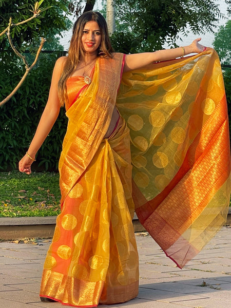 Megha Rathod In Kota Doria Saree. Available In 3 Colours.