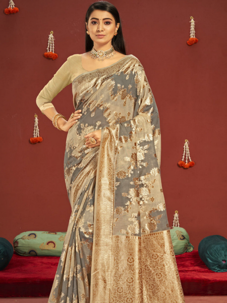 Shiksha Raghuvanshi In Cream & Grey Banarsi Cotton Silk Designer Saree. Available in 6 colours.