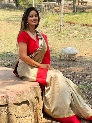 Megha Rathod In Traditional Garad-Korial Bengali Silk Saree With Contrast Pallu. Available In 4 Colours.