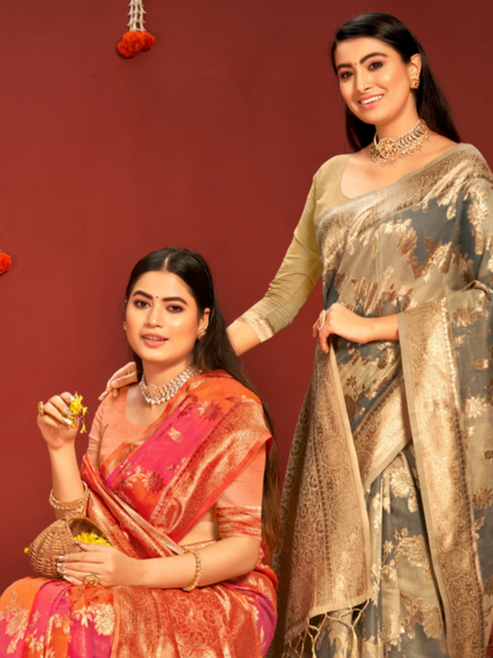 Shiksha Raghuvanshi In Cream & Grey Banarsi Cotton Silk Designer Saree. Available in 6 colours.