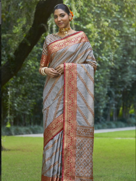 Shiksha Raghuvanshi In Grey Banarsi Silk Designer Saree. Available in 6 colours.