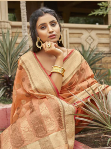 Shiksha Raghuvanshi in Peach Banarsi Cotton Silk Designer Saree. Available in 6 colours.