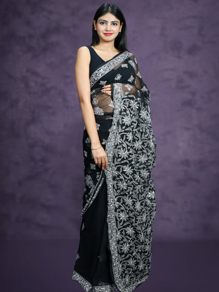 Shiksha Raghuvanshi in Handmade Black Georgette Chikan Saree With Allover Booti And Gotta Patti Work