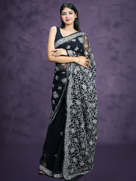 Shiksha Raghuvanshi in Handmade Black Georgette Chikan Saree With Allover Booti And Gotta Patti Work