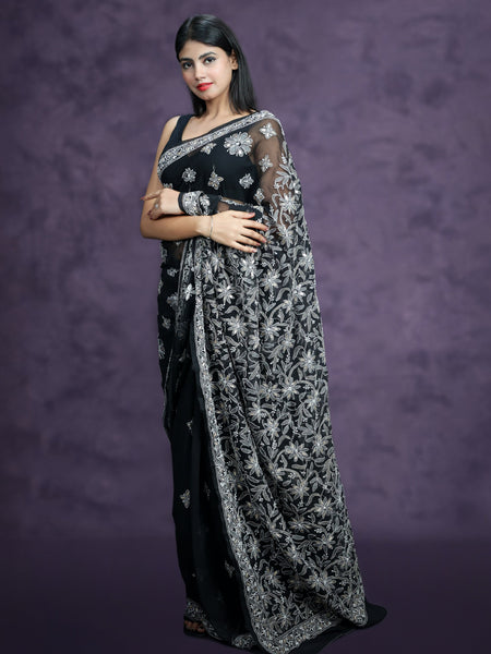 Shiksha Raghuvanshi in Handmade Black Georgette Chikan Saree With Allover Booti And Gotta Patti Work