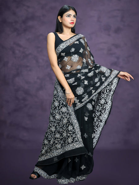 Shiksha Raghuvanshi in Handmade Black Georgette Chikan Saree With Allover Booti And Gotta Patti Work